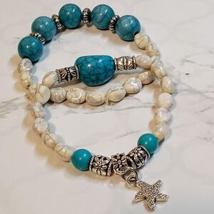 SOLD Turquoise and White Beaded Bracelet Set with Starfish Charm
